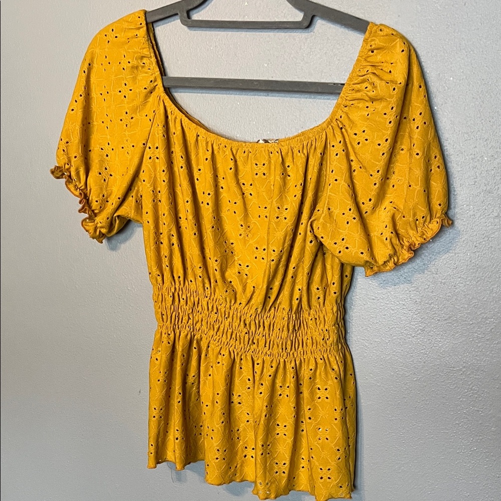 Lavish Mustard Eyelet Smocked Peasant Top